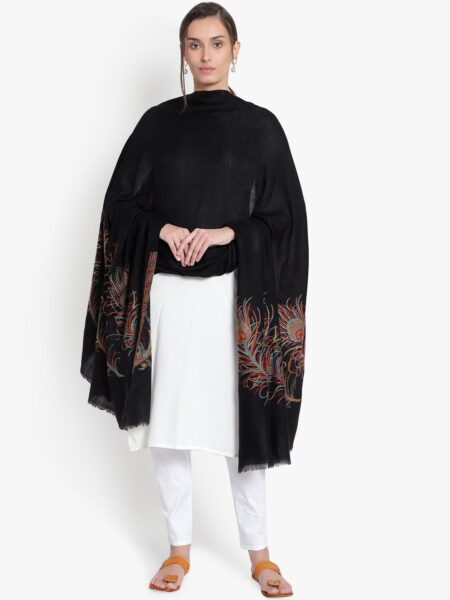 Mizash Women Black Peacock Feather Printed Woolen Shawl