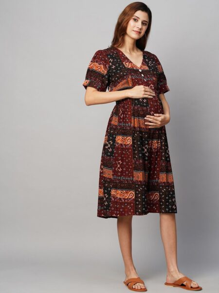 MomToBe Ethnic Motifs Printed Puffed Sleeve Maternity Fit & Flare Sustainable Dress