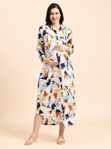 MomToBe Geometric Print Maternity Shirt Midi Dress