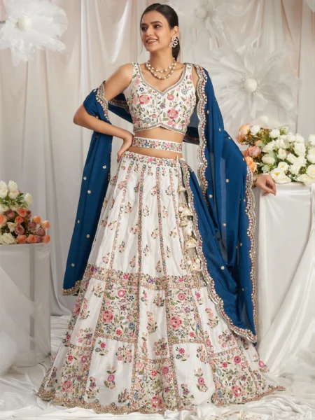 Navyblue - White Pure Georgette Sequins, Moti, Mirror and Thread Embroidered Semi-Stitched Lehenga