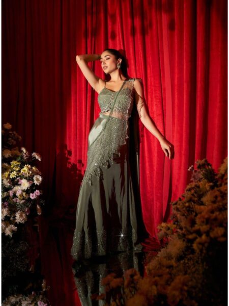 Olive Green Embellished Crepe Silk Draped Saree