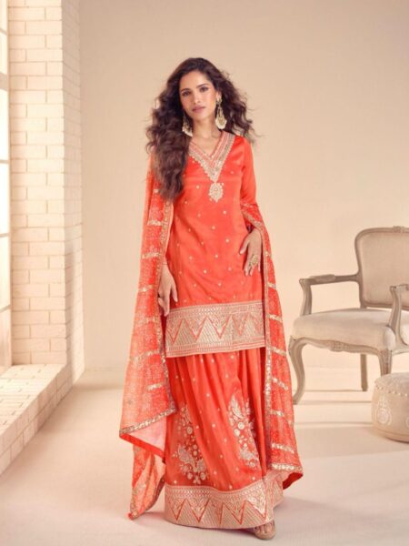 Orange Zari Embroidered Silk Palazzo Suit