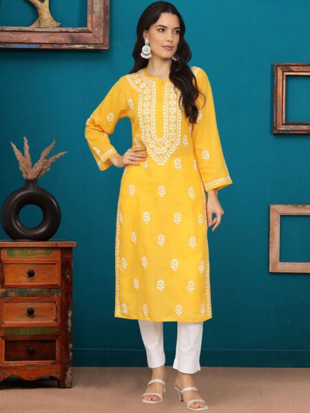 PARAMOUNT CHIKAN Ethnic Motifs Embroidered Chikankari Cotton Straight Kurta