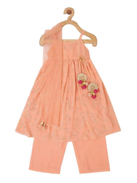 PICCOLO Girls Peach-Coloured Floral Embroidered Beads and Stones Kurta with Trousers & With Dupatta
