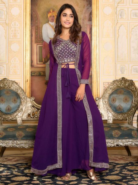 Magnetic Purple Georgette Wedding Wear Palazzo Top With Shrug