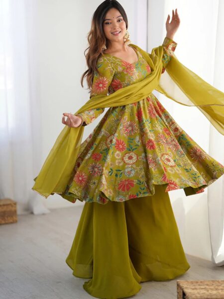 Mehndi Color Roman Silk Discharge Printed Plazzo Suit