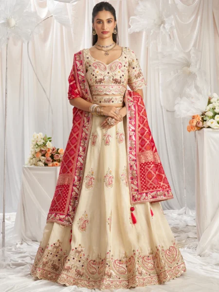 Pink - Cream Color Gotta Patti Work Using Golden Sequined,Thread & Coding Embroidered Golden Tissue Semi-Stitched Lehenga choli with Contrast Bandhani Dupatta