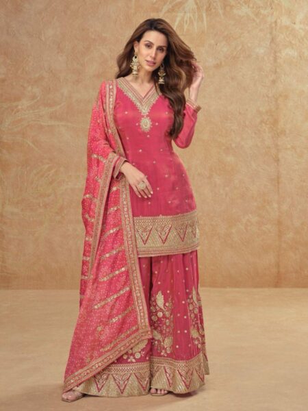 Pink Zari Embroidered Silk Palazzo Salwar Suit