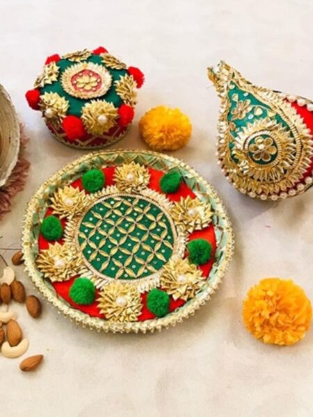 PomPom Gota Pooja Thali Set Green