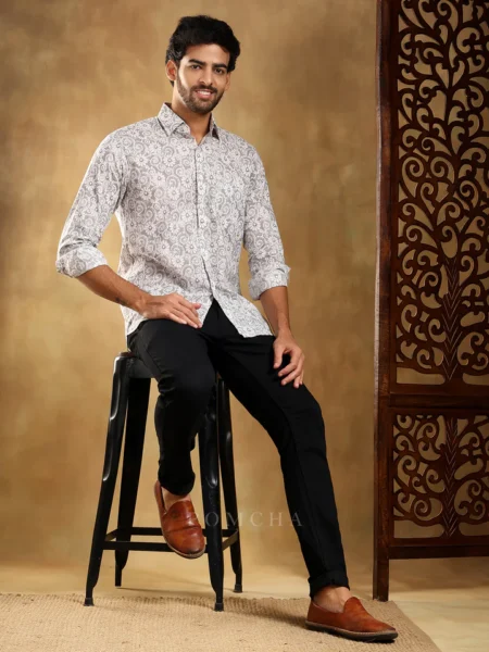 MOKSHA GREY COTTON HAND BLOCK SHIRT