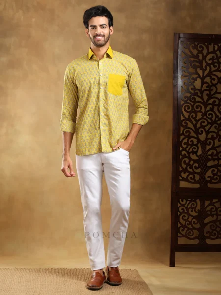 MOHEY YELLOW COTTON HAND BLOCK SHIRT