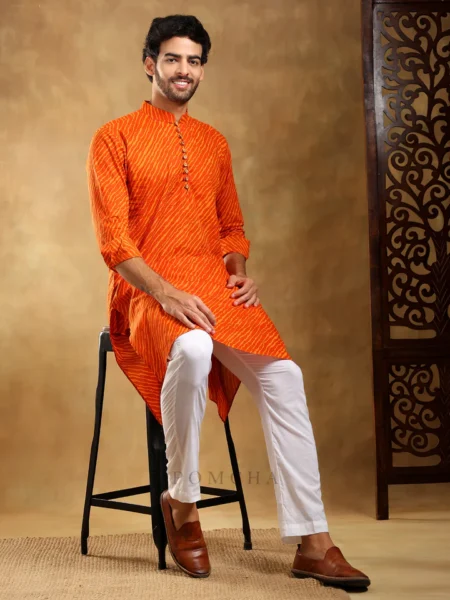 NAVRANG ORANGE COTTON LEHERIYA KURTA SET
