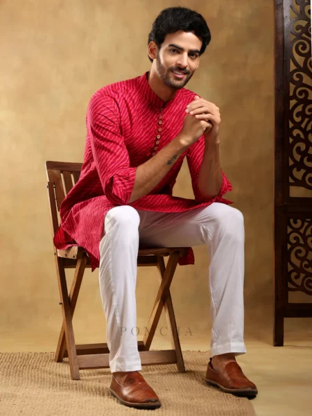 NAVRANG PINK COTTON LEHERIYA KURTA SET