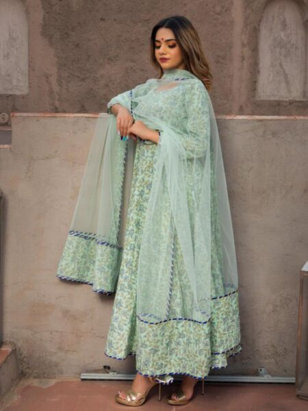 AQUA GREEN HAND BLOCK PRINT ANARKALI SET
