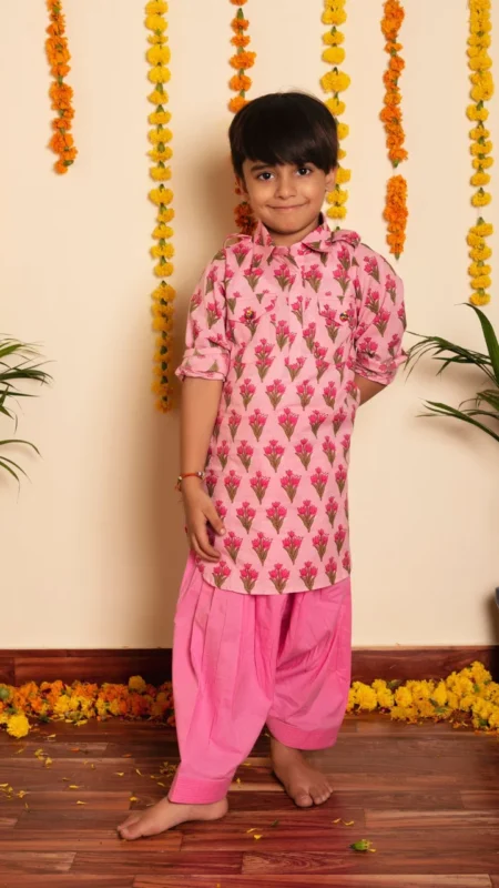 BACHPAN GULBHAR PINK HAND BLOCK KURTA SET