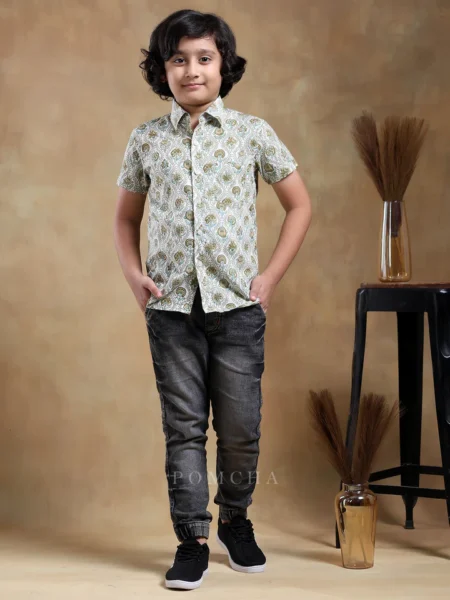 BACHPAN MEHENDI GREEN PAISLEY COTTON HAND BLOCK SHIRT