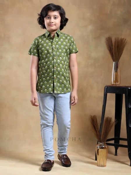 BACHPAN MEHENDI GREEN COTTON HAND BLOCK SHIRT