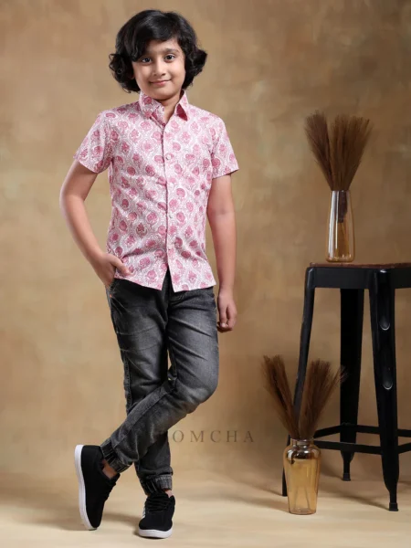 BACHPAN GULABI PHOOL COTTON HAND BLOCK SHIRT