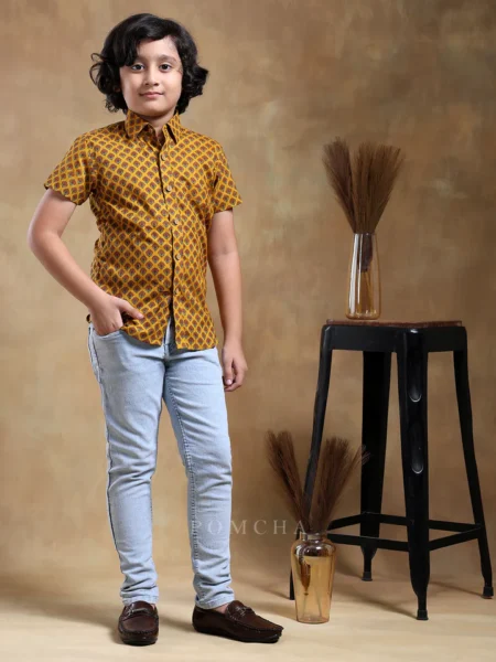 BACHPAN DARPAN MUSTARD COTTON HAND BLOCK SHIRT