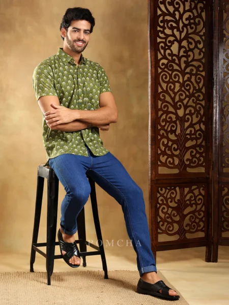 HASRAT GREEN COTTON HAND BLOCK SHIRT