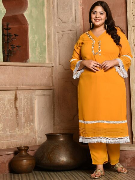 PrettyPlus by Desinoor.com Plus Size Beads and Stones Georgette Kurta with Trousers