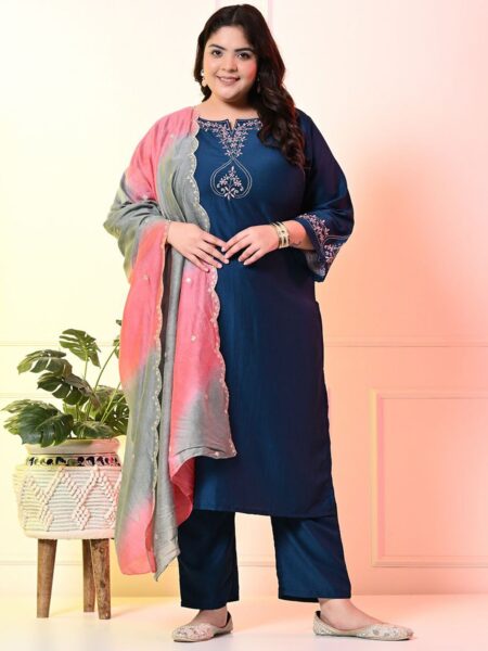 PrettyPlus by Desinoor.com Plus Size Floral Embroidered Kurta With Trousers & Dupatta