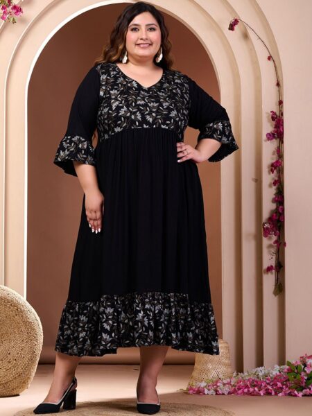 PrettyPlus by Desinoor.com Plus Size Floral Print A-Line Midi Dress