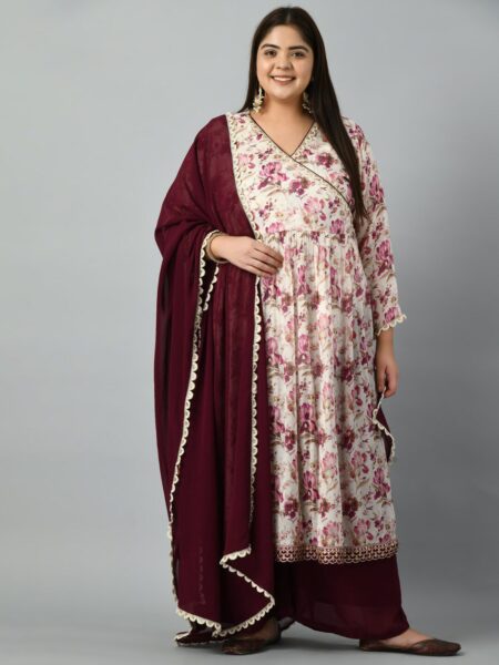 PrettyPlus by Desinoor.com Plus Size Floral Printed Anarkali Kurta with Sharara & Dupatta