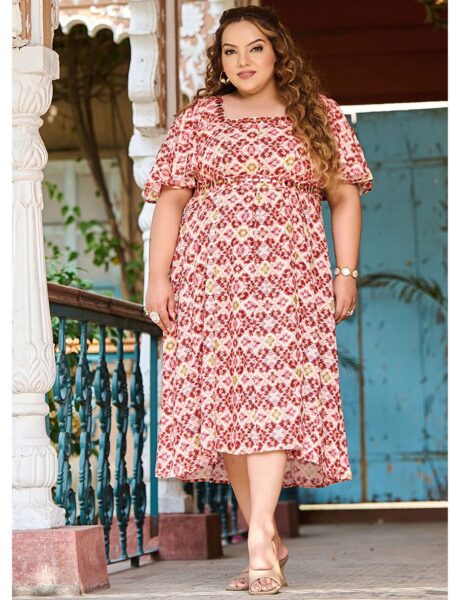 PrettyPlus by Desinoor.com Plus Size Floral Printed Flutter Sleeve A-Line Midi Dress