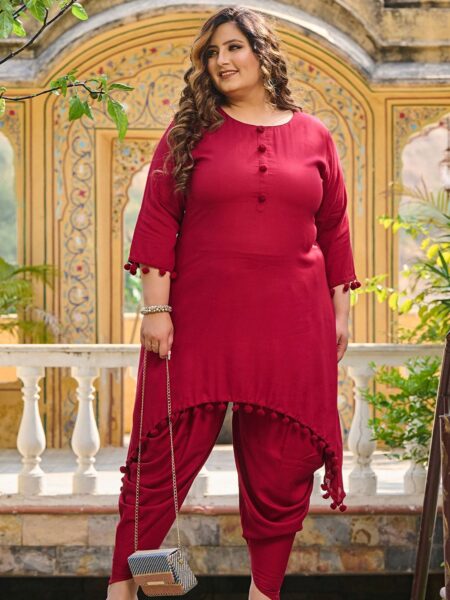 PrettyPlus by Desinoor.com Plus Size Round Neck A-Line Kurta with Dhoti Pants