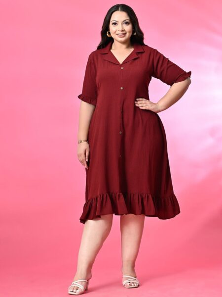 PrettyPlus by Desinoor.com Plus Size  Shirt Collar Crepe A-Line Midi Dress