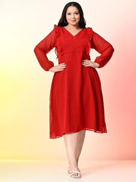 PrettyPlus by Desinoor.com Plus Size V-Neck Cuffed Sleeves Wrap Midi Dress