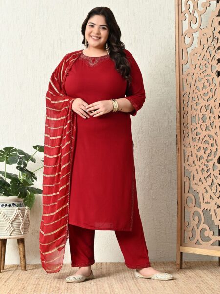 PrettyPlus by Desinoor.com Plus Size Yoke Design Ceroski Kurta With Trouser & Dupatta