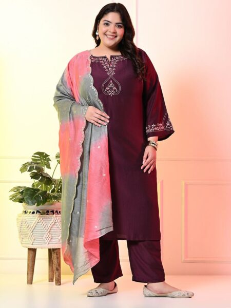 PrettyPlus by Desinoor.com Plus Size Yoke Design Thread Work Kurta With Trouser & Dupatta