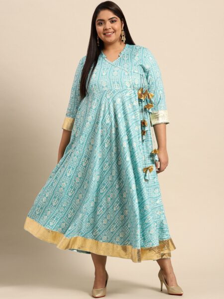 RANGMAYEE Blue & White Floral Liva Ethnic Gotta Patti Foil Printed Angrakha Maxi Dress