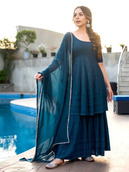 Blue Rayon Chikankari Work Kurta With Sharara & Dupatta