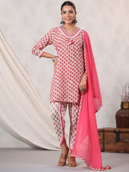 Readiprint Fashions Floral Printed Mirror Work Cotton Kurti with Dhoti Pants & Dupatta