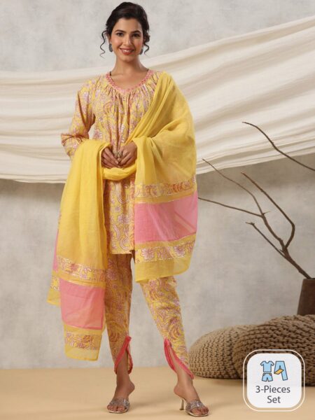 Readiprint Fashions Floral Printed Pure Cotton Kurti with Dhoti Pants With Dupatta