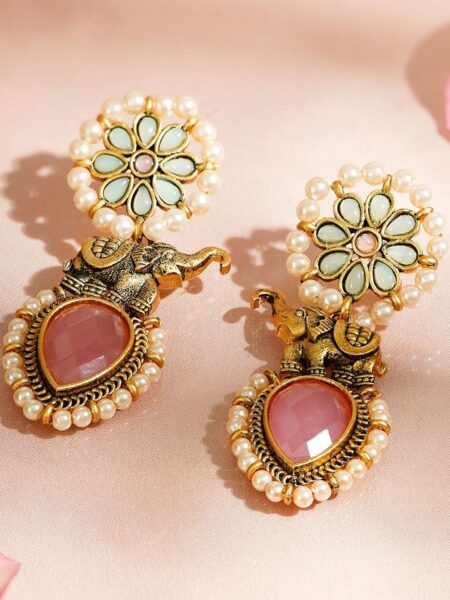 Rubans 18K Gold-Plated Artificial Stones Studded & Pearls Beaded Elephant Drop Earrings