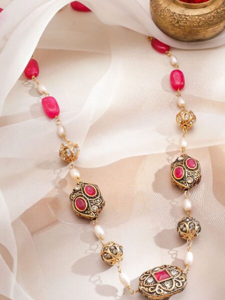 Rubans 22K Gold-Plated Ruby Red Stone, Pearl & Enamel Detailed Long Beaded Necklace Set