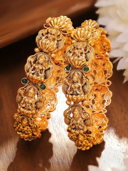 Rubans Set of 2 24K Gold-Plated Divine Lakshmi Temple Bangles with Ruby & Emerald Stones