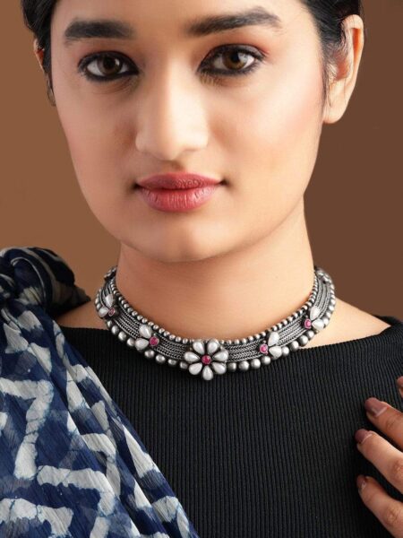 Rubans Silver & Pink Silver-Plated Handcrafted Oxidised Floral Choker Necklace