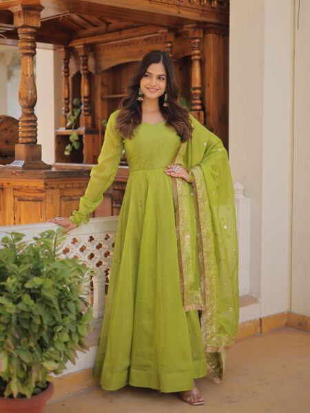 Russian Silk Green Gown-Dupatta With Attractive Embroidered Sequins work with Lace Border