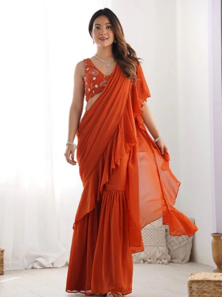 Rust Color Faux Georgette Fancy Sharara Saree
