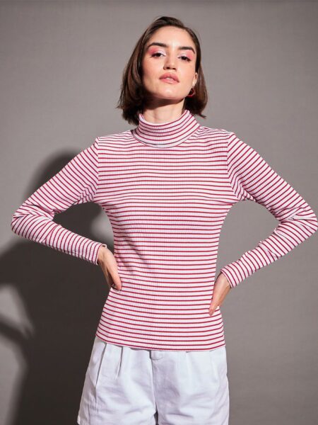 SASSAFRAS Horizontal Striped High Neck Top