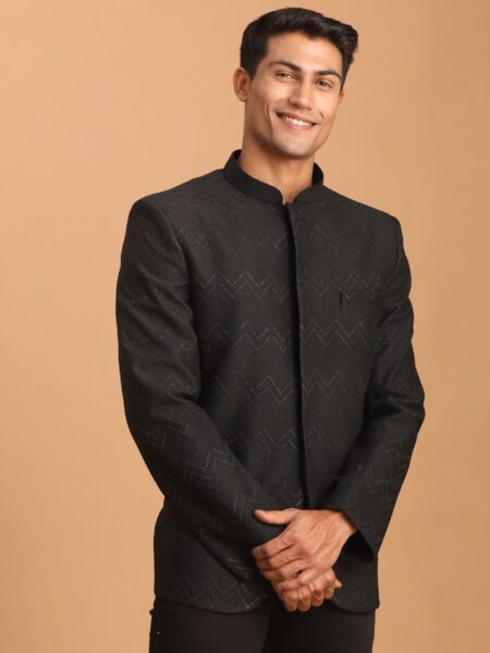 Men's Black Silk Blend Glitter Zig zag Jodhpuri