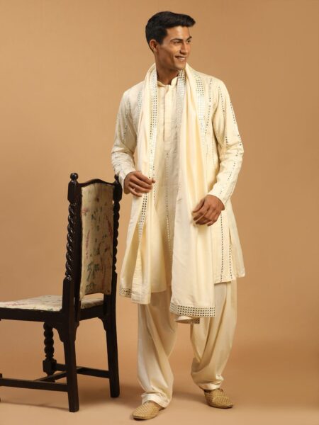Men's Cream Embroidered Vertical Mirror Work Kurta With Patiala Comes With Cream Ornamented Ethnic Dupatta