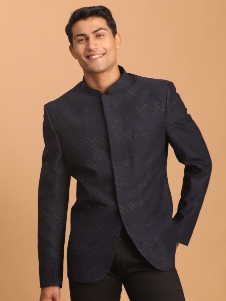 Men's Navy Blue Silk Blend Glitter Zig zag Jodhpuri
