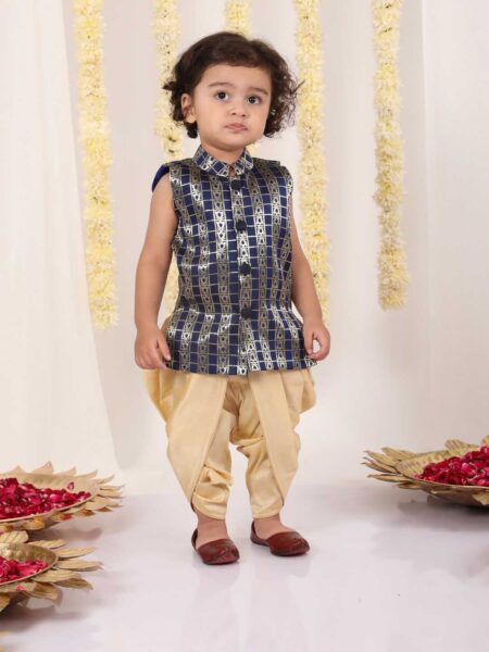 Boys' Navy Blue Brocade Kurta Dhoti Set