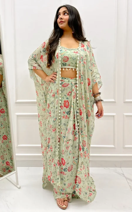 Sage Green Printed Georgette Crop Top & Draped Skirt Co-ord Set